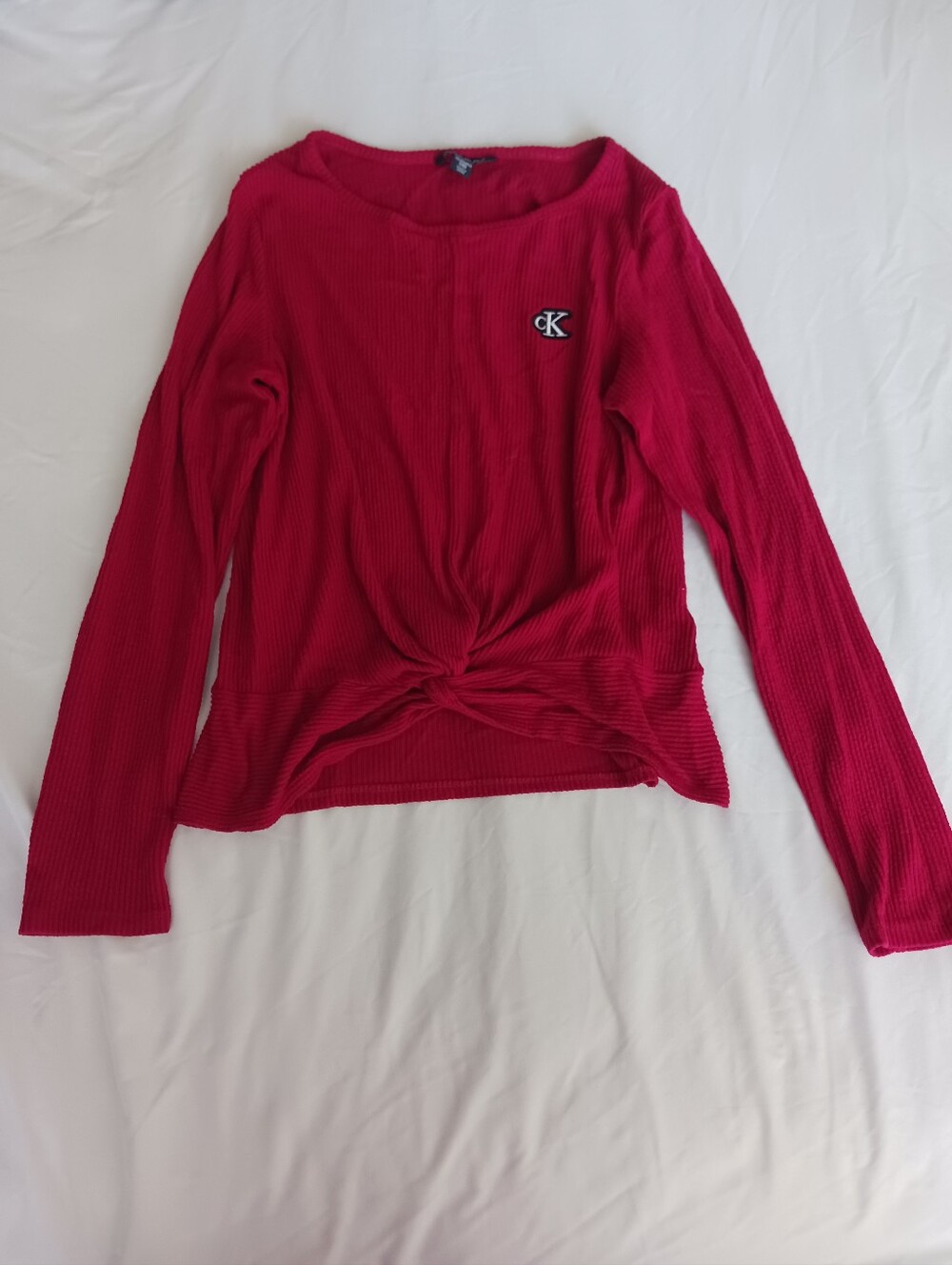 Calvin Klein Crimson Twist-Knot Ribbed Long Sleeve Top